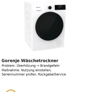 Rückruf Gorenje Wäschetrockner