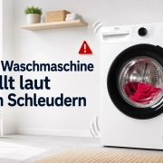 Eine Beko Waschmaschine in einem hellen Raum mit einem roten Warnsymbol daneben, davor ein Teppich und im Fenster ein heller Garten