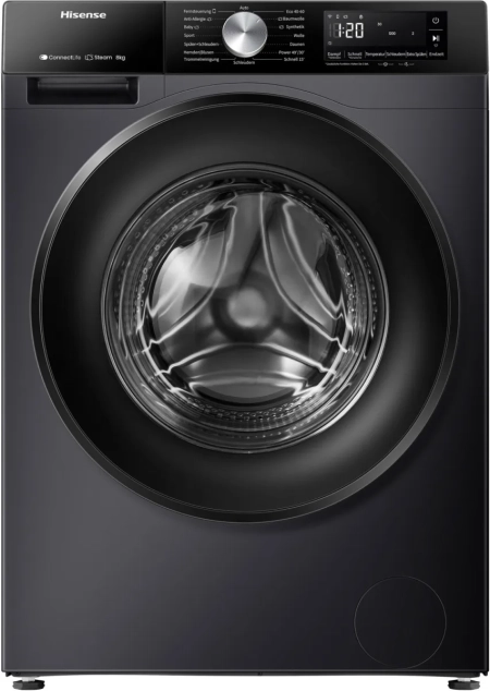 Hisense WF3S8043BB3 Waschmaschine im dunklen Design mit 8 kg Fassungsvermögen