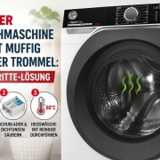Hoover Waschmaschine mit geöffneter Tür, daneben eine Anleitung zur Beseitigung von muffigen Gerüchen